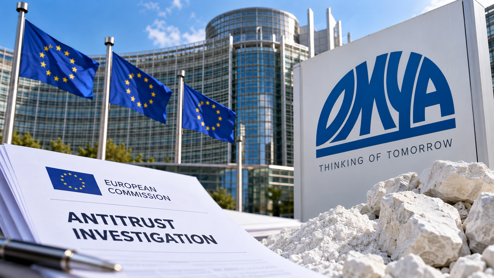 Omya antitrust probe illustrated with European Union flags, European Commission investigation documents and calcium carbonate minerals in Brussels.