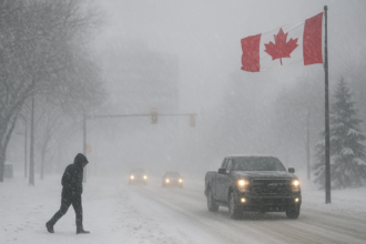 People lean into powerful winds as blowing snow whips through a winter storm, reducing visibility.