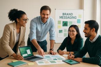 Business professionals discussing reputation marketing and brand consistency during a corporate strategy meeting