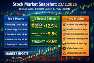 Stock market snapshot for 23.12.2025 showing top 5 movers, 3 biggest gainers, and 7 key market insights