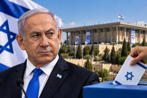 Israeli election illustration showing Benjamin Netanyahu, an Israeli ballot box and the Knesset building in Jerusalem.