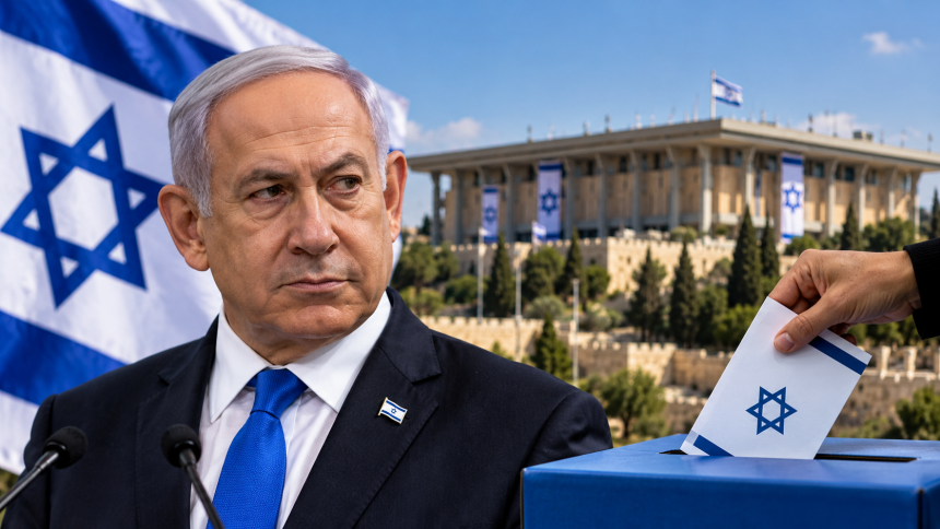Israeli election illustration showing Benjamin Netanyahu, an Israeli ballot box and the Knesset building in Jerusalem.