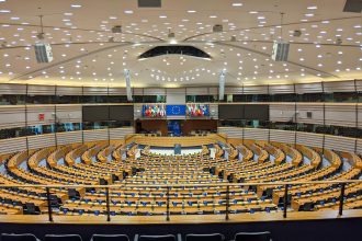 European Parliament chamber in Brussels where Renew Europe MEPs oppose Trump's Ukraine leadership comments.