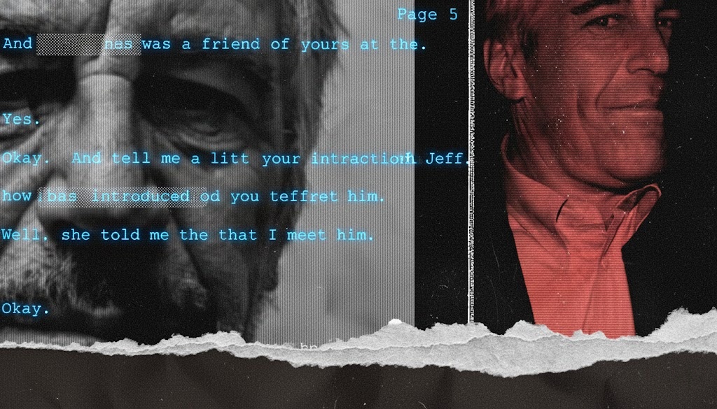 Graphic illustration of Jeffrey Epstein with excerpts and text referencing sealed court files and investigations