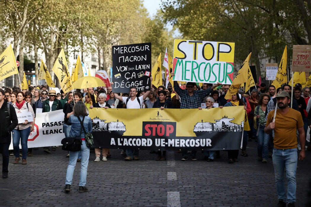 Belgian farmers marching through Brussels streets with tractors and banners, protesting the EU-Mercosur trade deal
