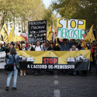 Belgian farmers marching through Brussels streets with tractors and banners, protesting the EU-Mercosur trade deal