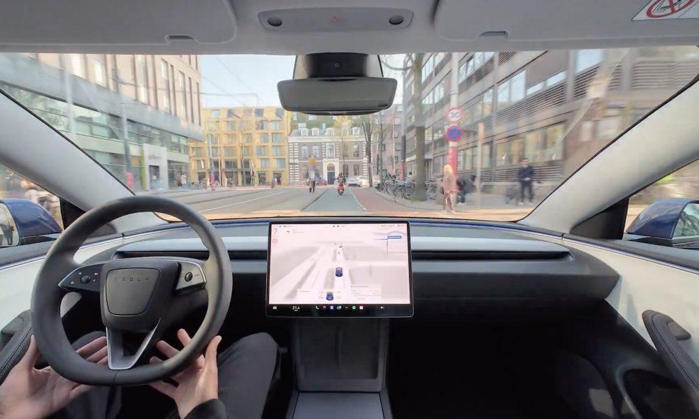 Tesla autonomous system trial news illustrating AI navigating complex urban traffic conditions