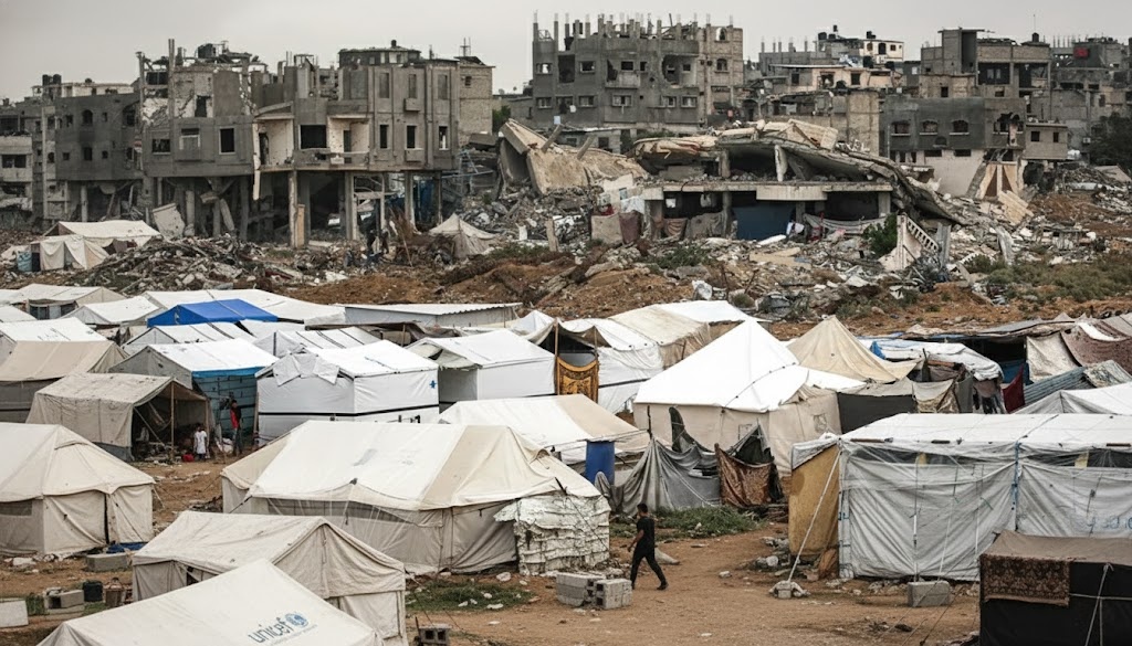 Displaced Palestinian families living in makeshift shelters amid rubble in Gaza as ceasefire talks continue