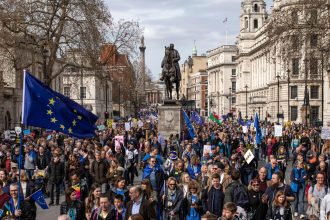 EU flags at London demonstration during Brexit debate