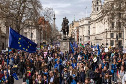 EU flags at London demonstration during Brexit debate