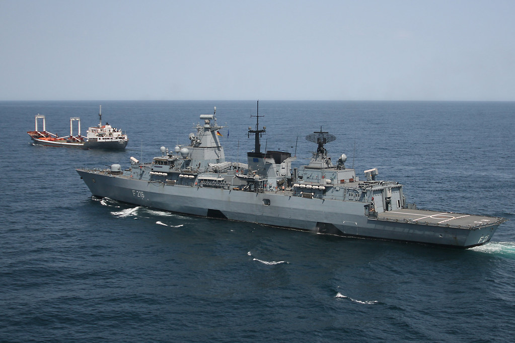 EU Red Sea military mission protecting a merchant vessel during Operation Aspides