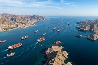 Oil tankers travelling through the Strait of Hormuz, a crucial route for global energy supplies.