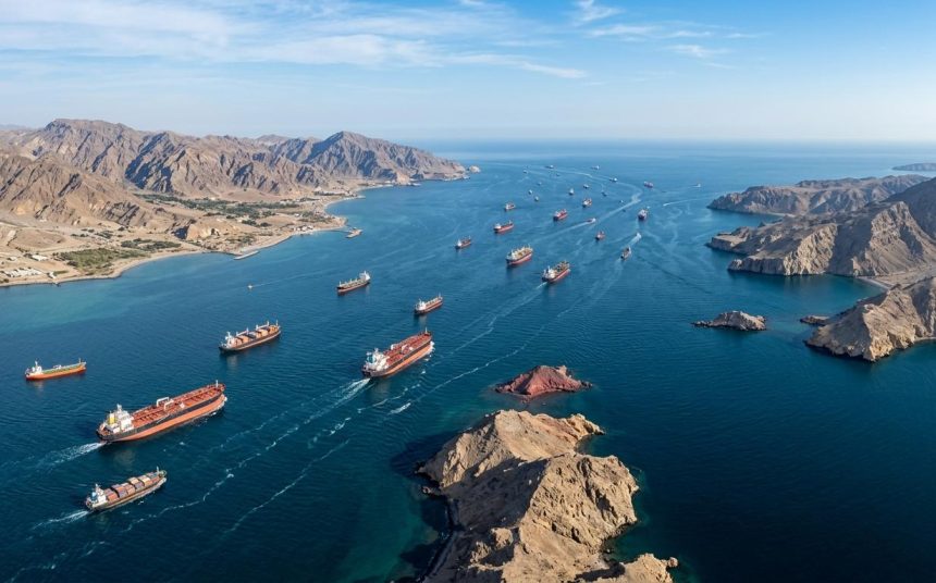 Oil tankers travelling through the Strait of Hormuz, a crucial route for global energy supplies.