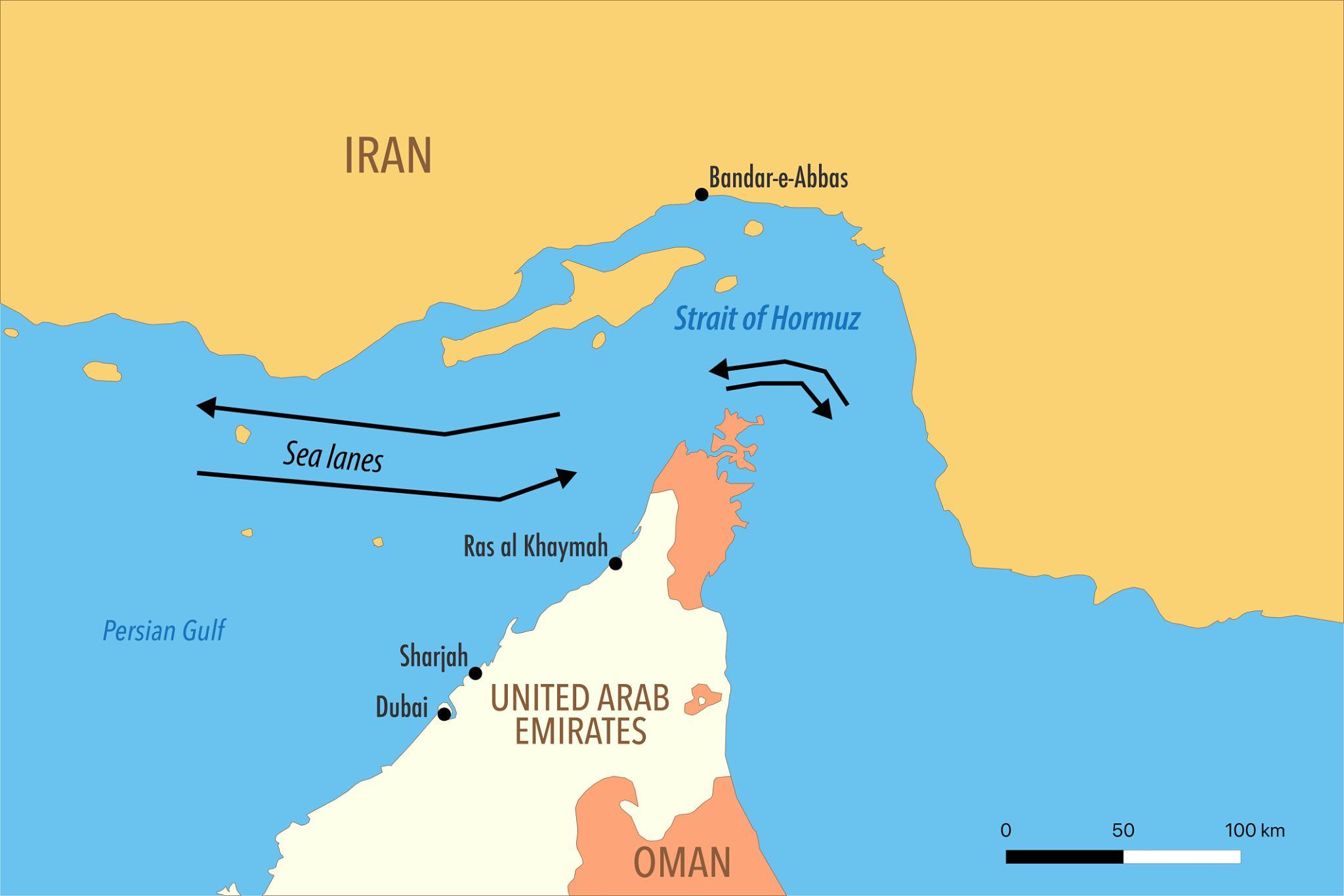 Naval patrol ships protecting shipping lanes along the Strait of Hormuz oil route