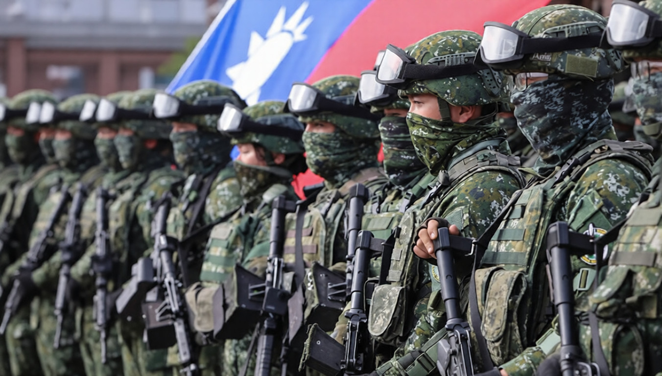 Taiwanese soldiers in formation during a military readiness drill demonstrating defense capabilities