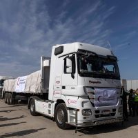 Azerbaijan sends aid to Iran with trucks carrying humanitarian food supplies