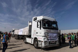 Azerbaijan sends aid to Iran with trucks carrying humanitarian food supplies