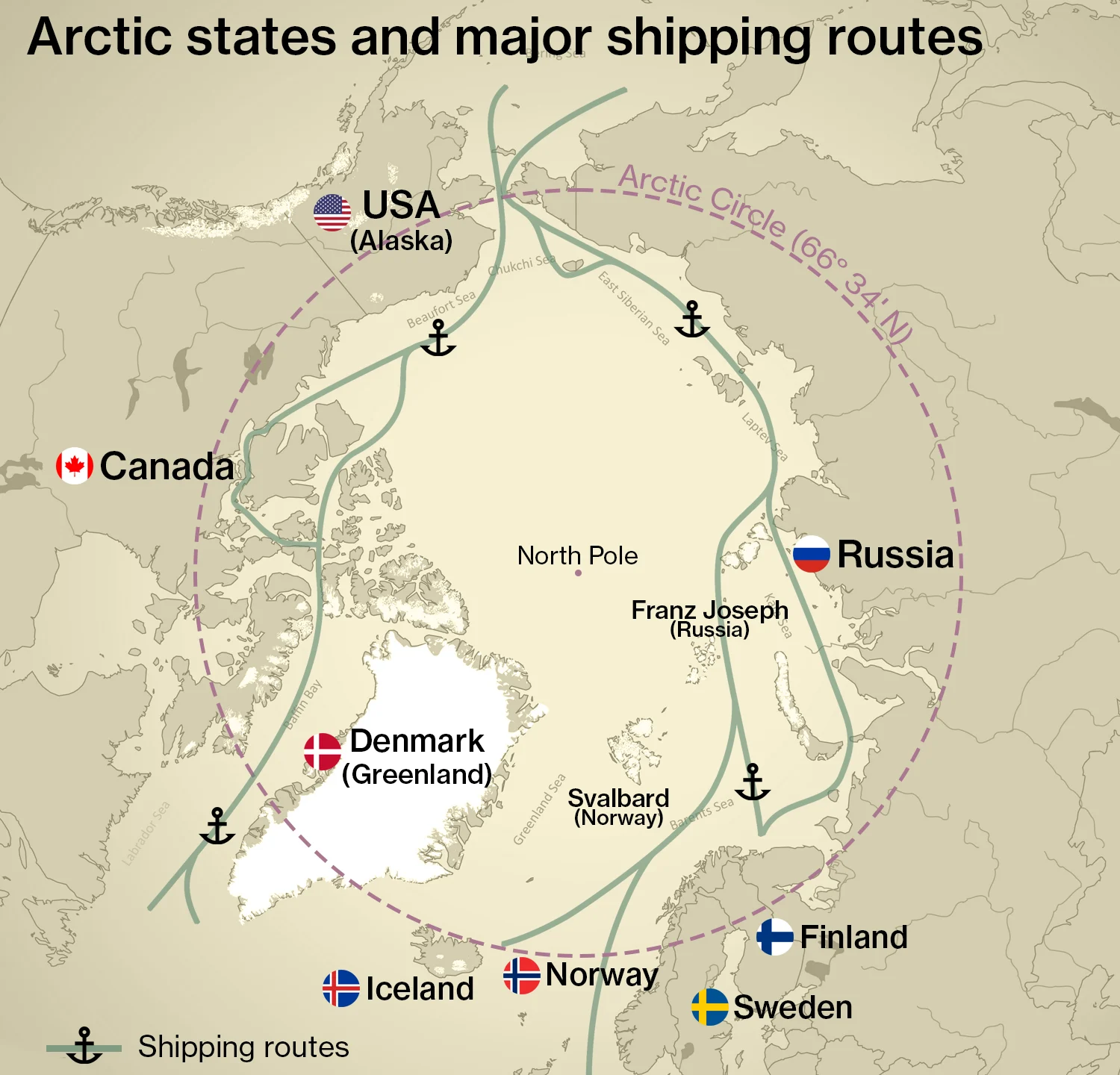 Arctic map showing Greenland location linked to the Greenland threat debate