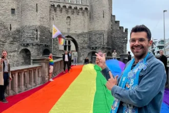 Antwerp walk with 25m flag supporting LGBTQIA+ rights fight