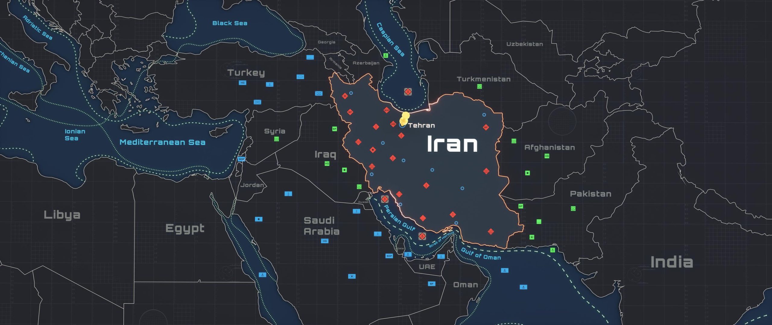 Strategic map showing impact zone of Israeli airstrike in the Middle East