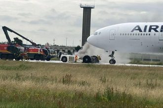 Civil aviation investigation at French airport as emergency responders secure civilian aircraft following incident