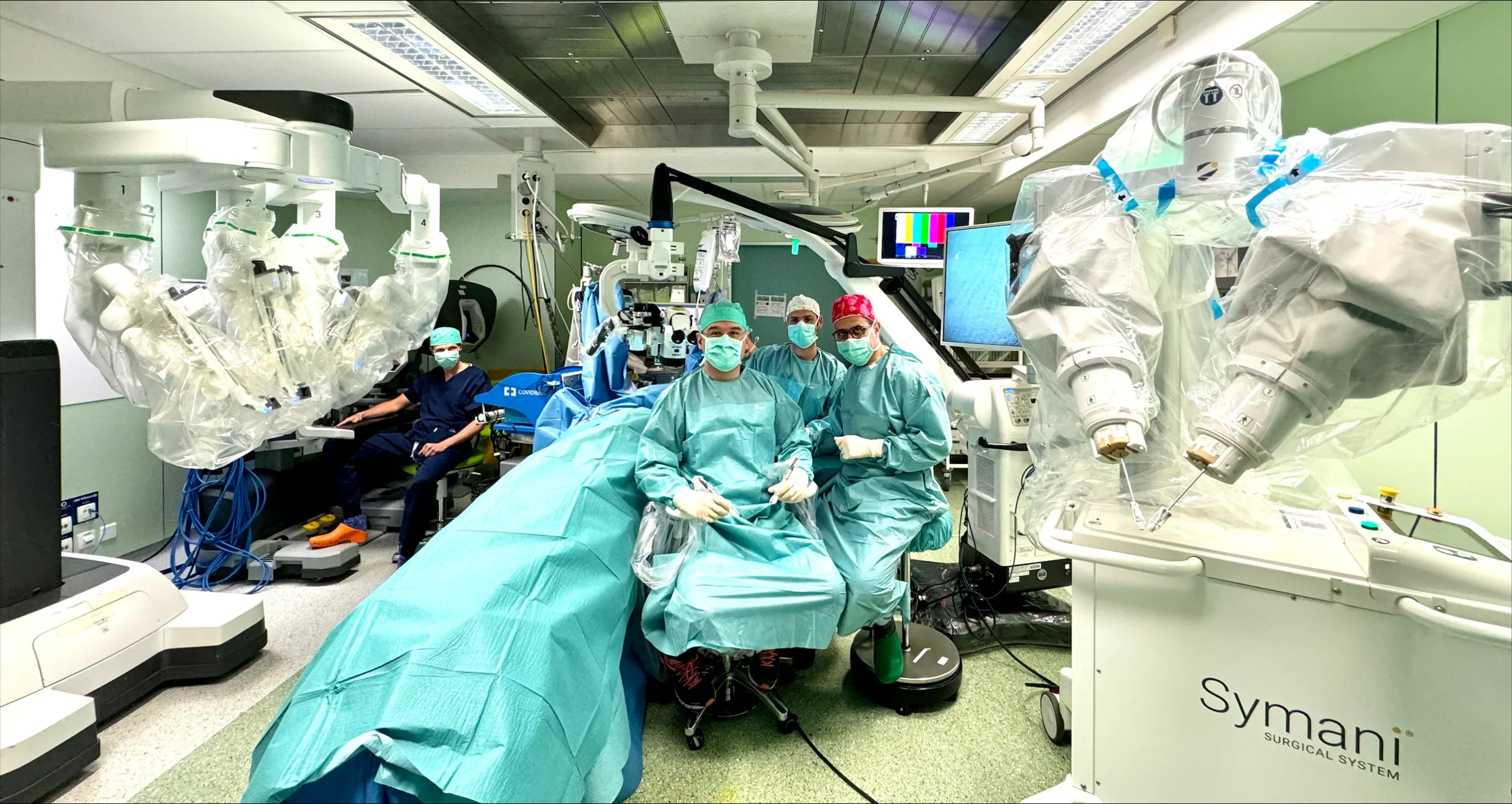 AI in operating room robotic system supporting doctors inside modern hospital