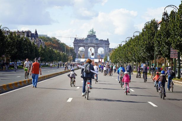 Brussels second Car-Free Day debate as pedestrians use Place Poelaert during a traffic-free Sunday
