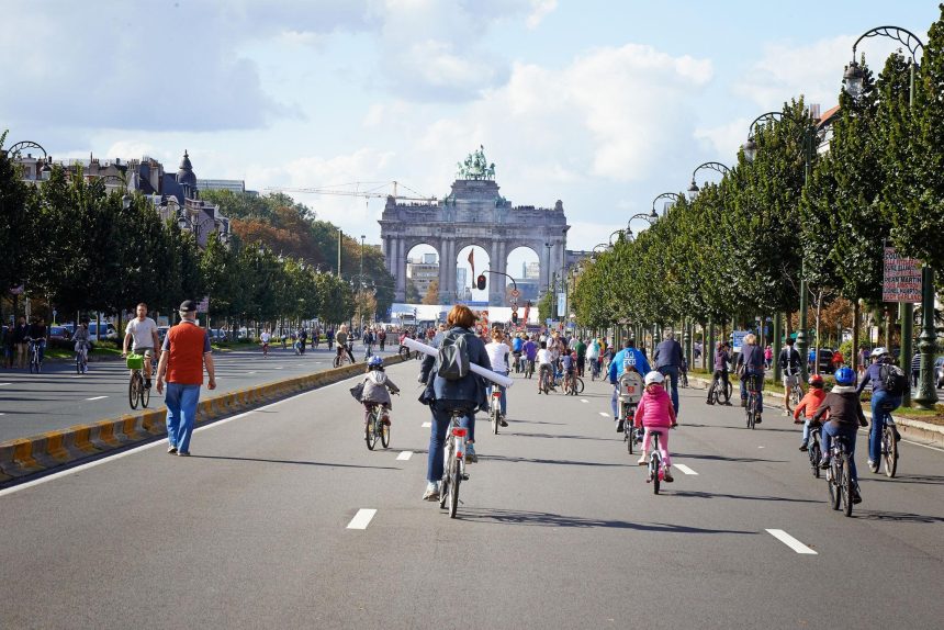 Brussels second Car-Free Day debate as pedestrians use Place Poelaert during a traffic-free Sunday