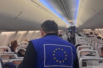 Passengers boarding evacuation flight during EU repatriation flights Middle East operations