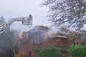 Fire destroys thatched roof house on Jockeystraat, Ghent; Roof collapses