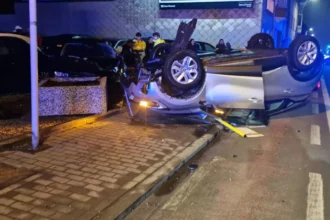 Halle Drunk driver crashes into flower box, overturns car