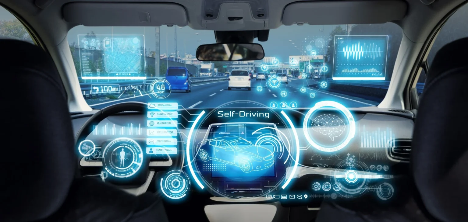 Self driving technology vehicle operating in downtown Austin Texas 2026