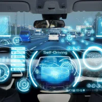 Self driving technology vehicle operating in downtown Austin Texas 2026