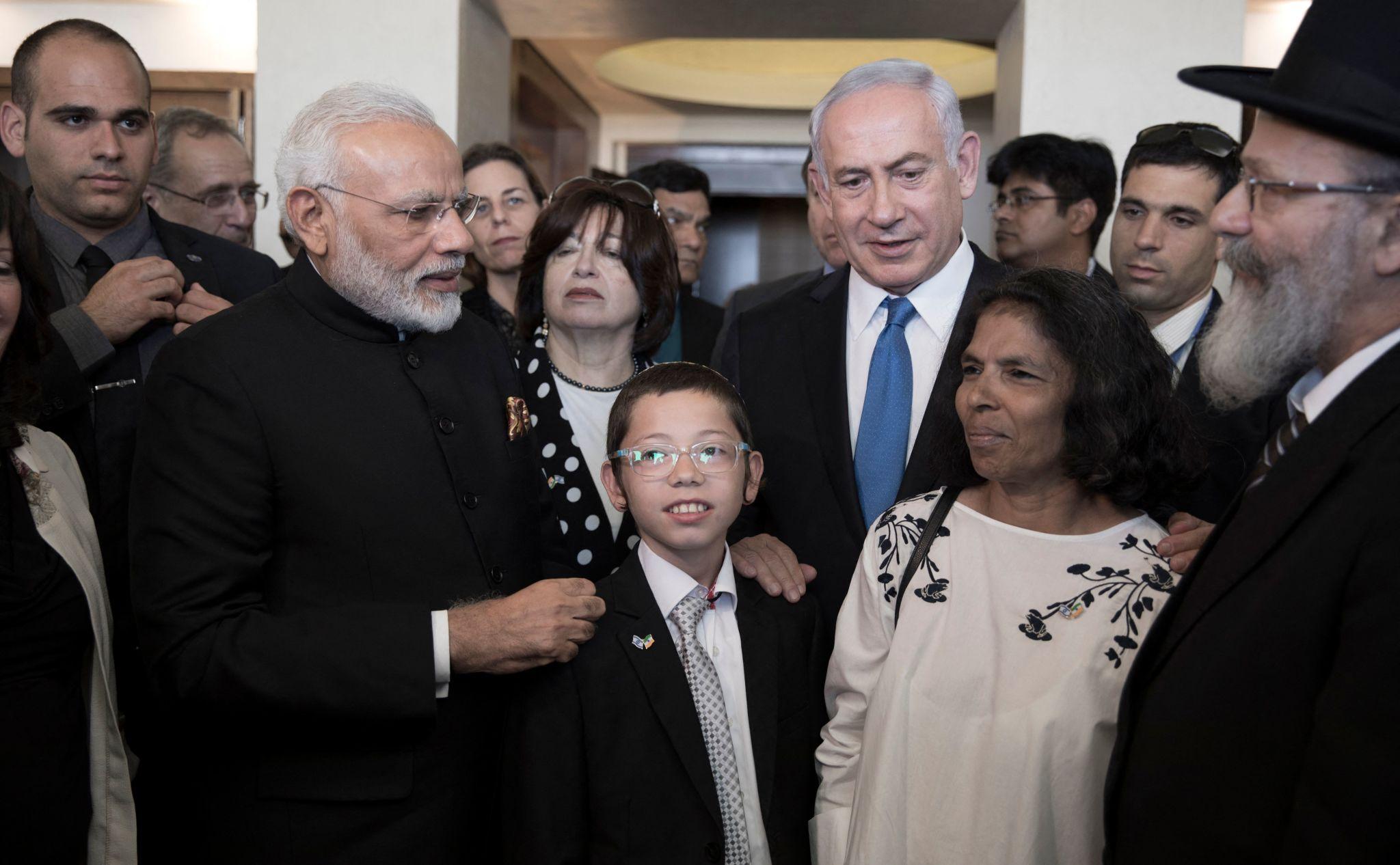 Modi Netanyahu meeting with India and Israel flags displayed at official ceremony
