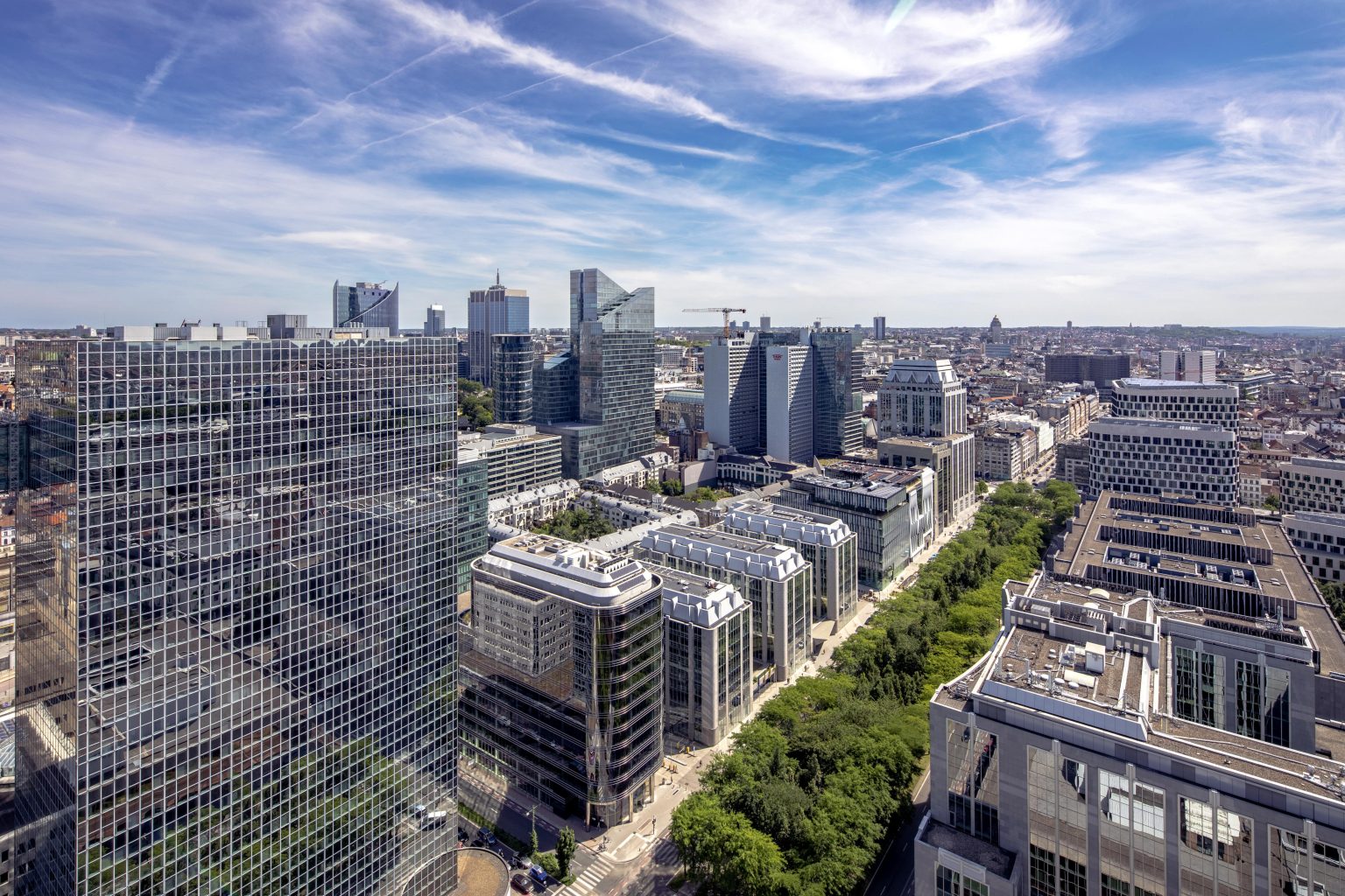 EU financial supervision reform and modern banking and financial office buildings in Brussels, Belgium.