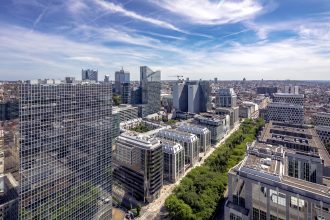 EU financial supervision reform and modern banking and financial office buildings in Brussels, Belgium.
