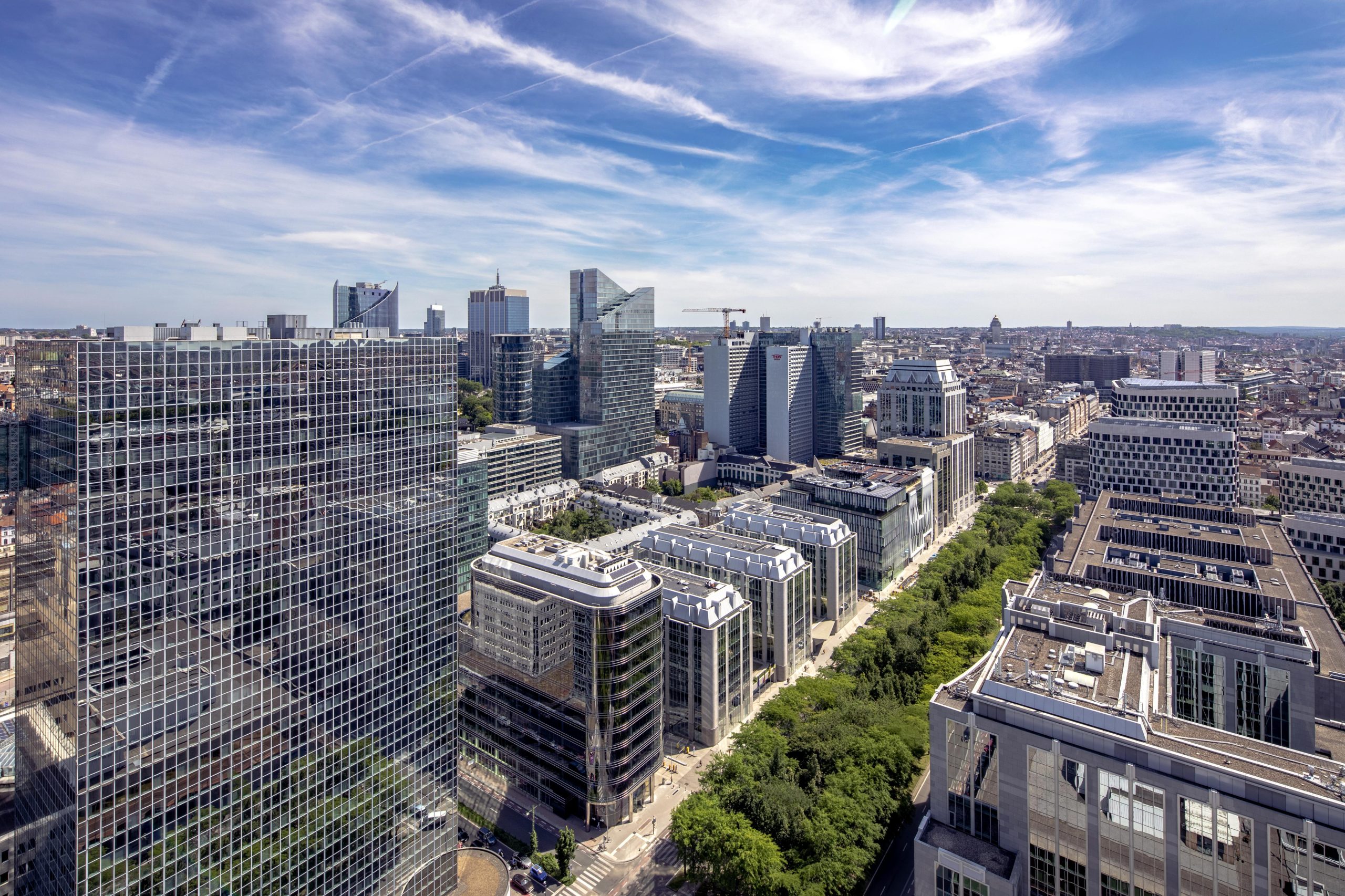 EU financial supervision reform and modern banking and financial office buildings in Brussels, Belgium.