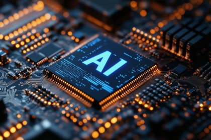 Close-up of a computer processor representing the technology supporting European AI Adoption.