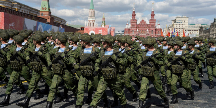 FILE PHOTO: Russian service members take part in a military parade on Victory Day, which marks the 78th anniversary of the victory over Nazi Germany in World War Two, in Red Square in central Moscow, Russia May 9, 2023. Pelagiya Tikhonova/Moscow News Agency/Handout via REUTERS/File Photo