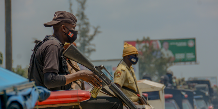 Nigerian security operatives during a military operation, ahead of the Governorship election, in Benin City, Edo, Nigeria, on September 17, 2020
