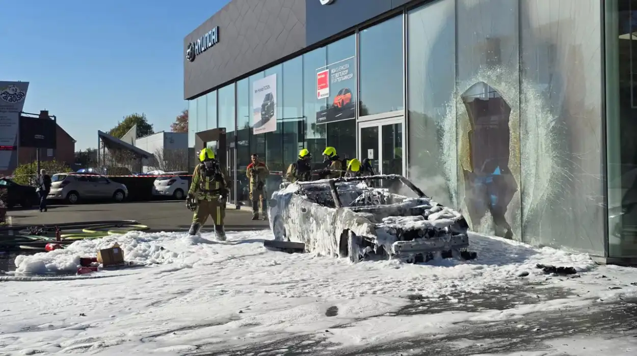 Sint-Niklaas car fire at Nieuwkerken dealership quick response,  major damage 