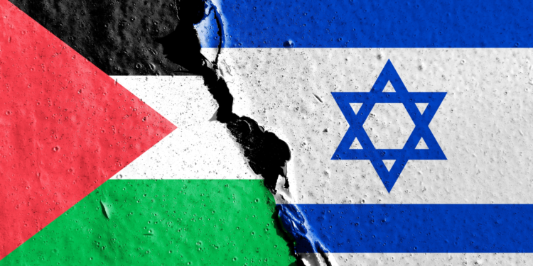 Both the Israeli flag and the Palestinian flag are made from paint crackle patterns. Concept illustration depicting the conflict war between Palestine and Israel. double exposure hologram