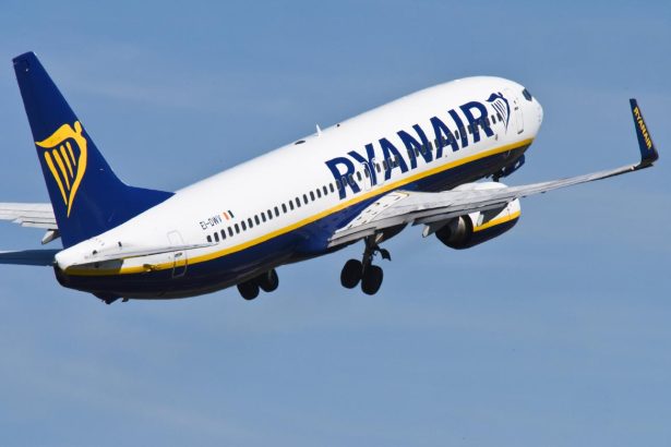 Ryanair Boeing 737 taking off from Brussels South Charleroi Airport amid Belgian route cuts.