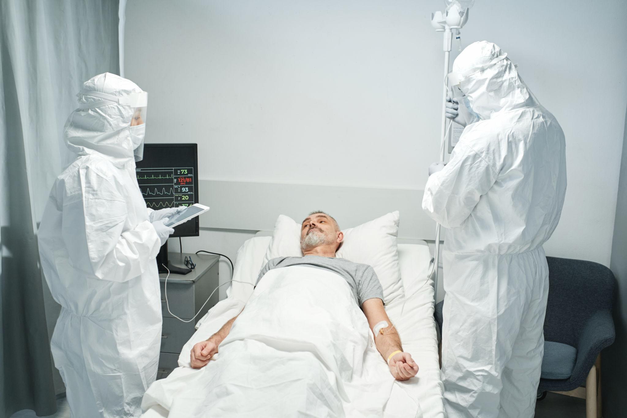 Prague hospital emergency medical workers wearing Ebola protective suits