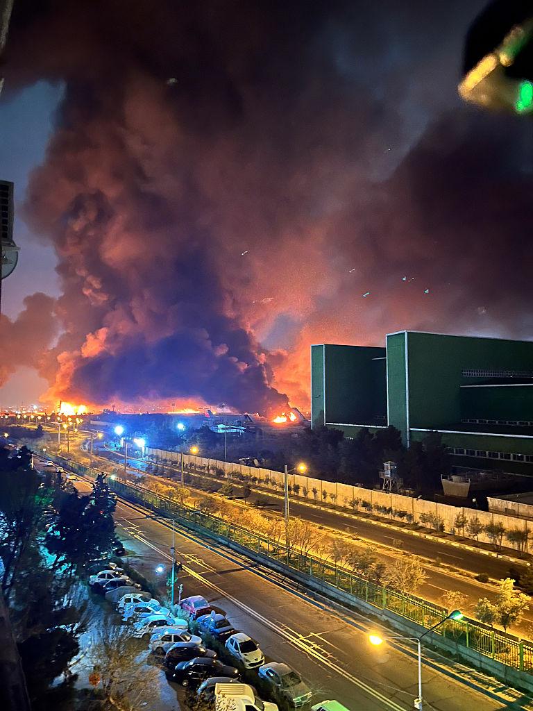 Aerial view showing damage after Tehran oil depots attack on major fuel depot