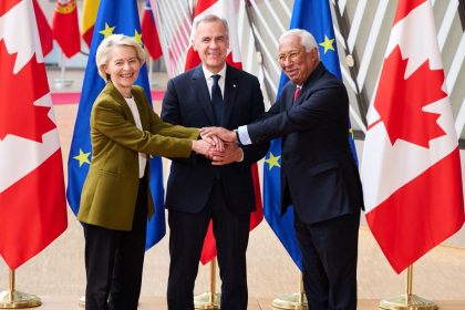 Canada EU ties represented by Mark Carney, Ursula von der Leyen and António Costa at the 2025 EU-Canada summit.