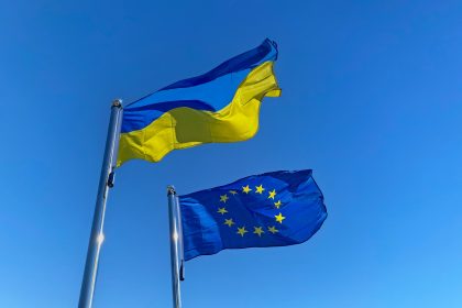 Ukraine defence funding and European support highlighted near the European Parliament in Brussels