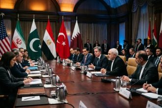 Breaking international news showing negotiators during MoU discussions in 2026