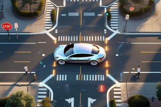 Tesla autonomous system trial news featuring interior view of self-driving system with supervisor monitoring