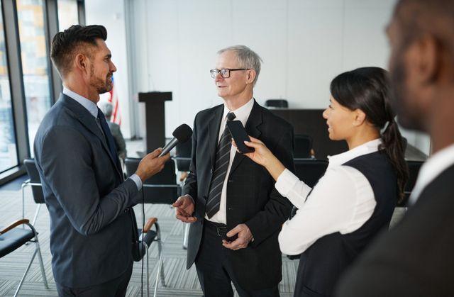 Public relations professionals conducting a media briefing as part of a crisis communication strategy for reputation management.